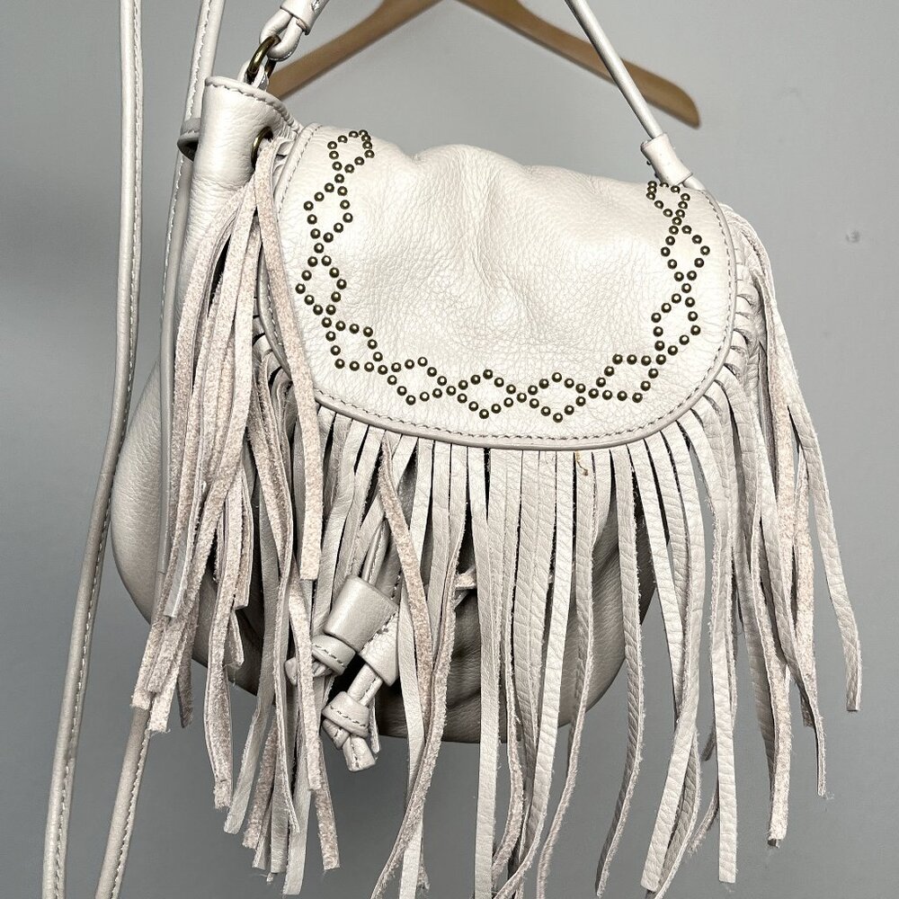 Lucky Brand Genuine Leather Crossbody Fringe Gold Studs Cinch Closing Handbag
